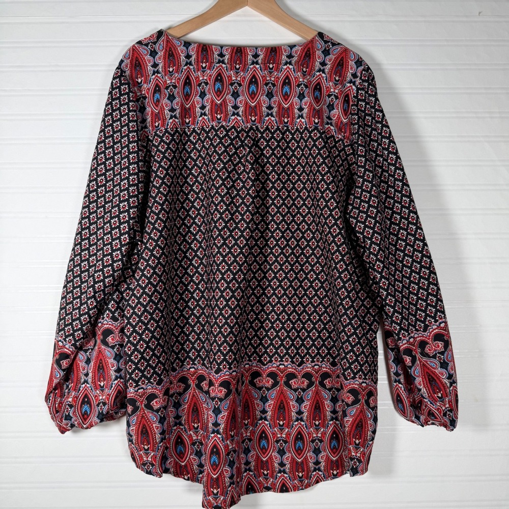 Time To Bloom Boho Paisley 3X Lace Up V-Neck Balloon Sleeve Blouse Black hippie - Picture 3 of 11